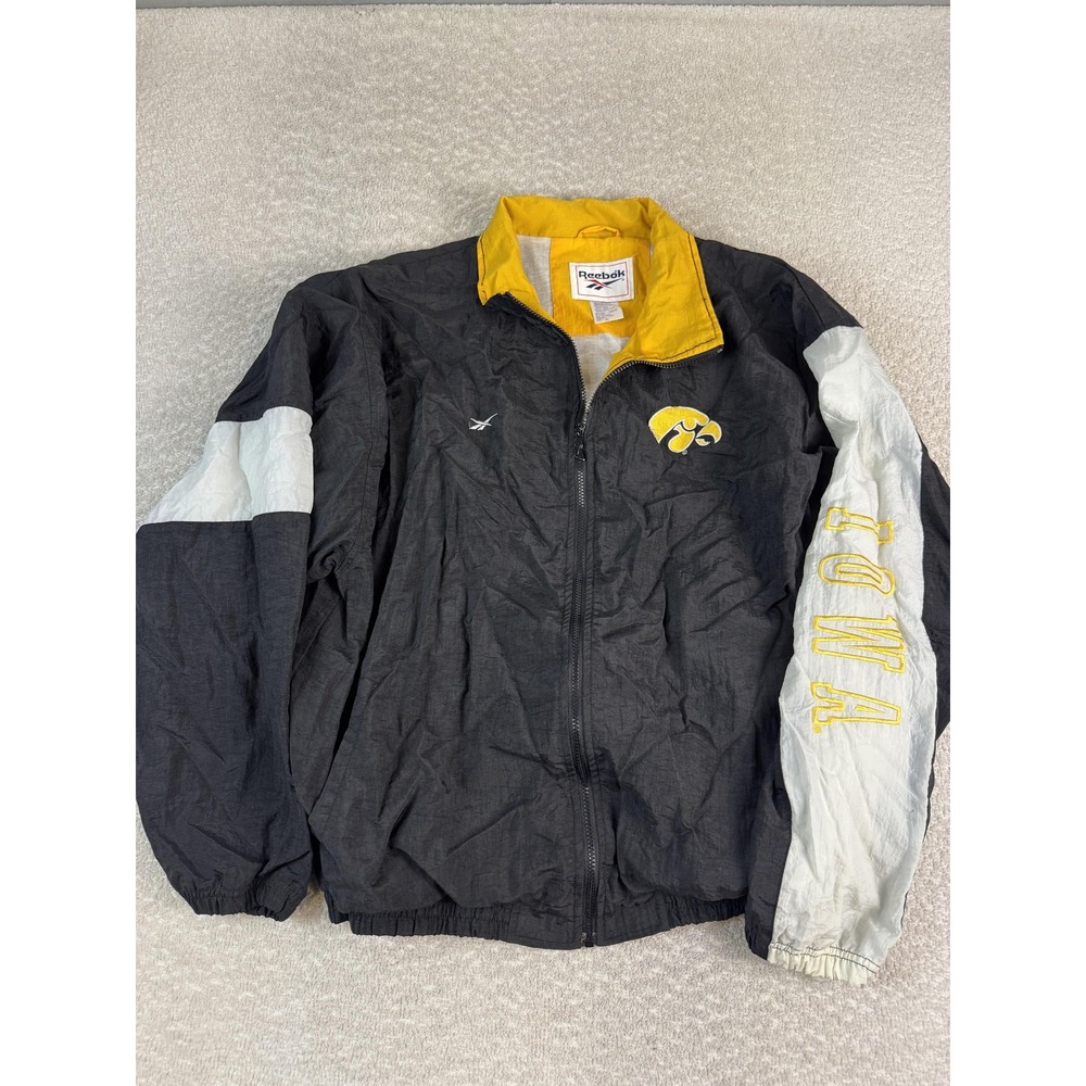 Vintage Iowa Hawkeyes Jacket Mens XL Black‎ Windbreaker NCAA Football Reebok 90s
